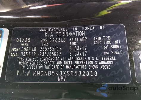 2025 Kia Carnival Mpv Lxs from USA, damaged, VIN KNDNB5K3XS6532313